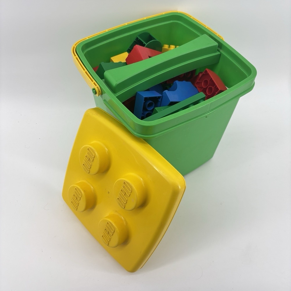 Lego Duplo Green Bucket‎ / Yellow Lid + 60 Bricks 1992 Vintage